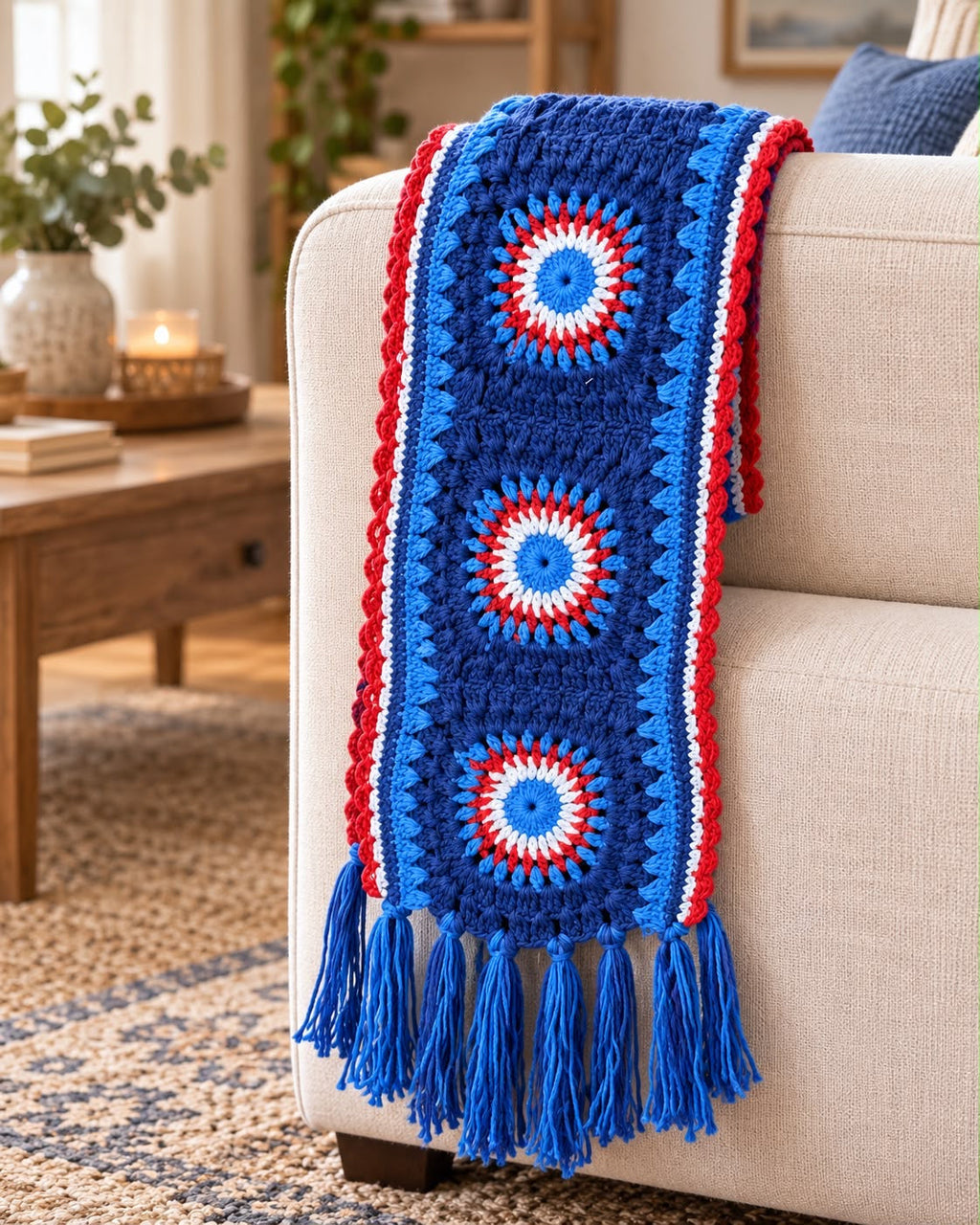 Sunburst Crochet Scarf – Red, White & Blue