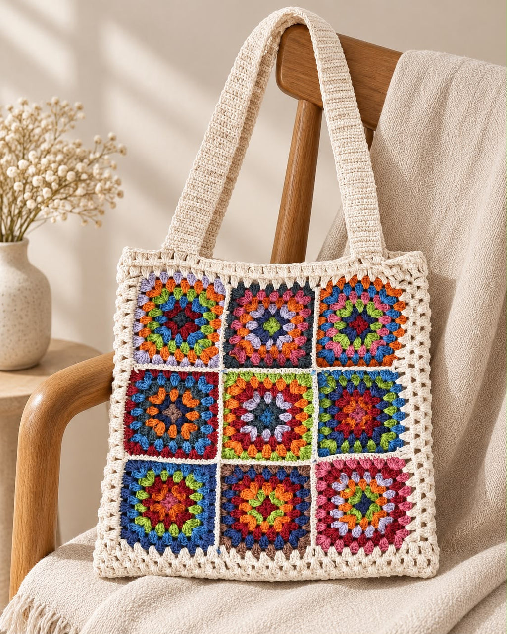 Nine-Square Granny Crochet Tote Bag