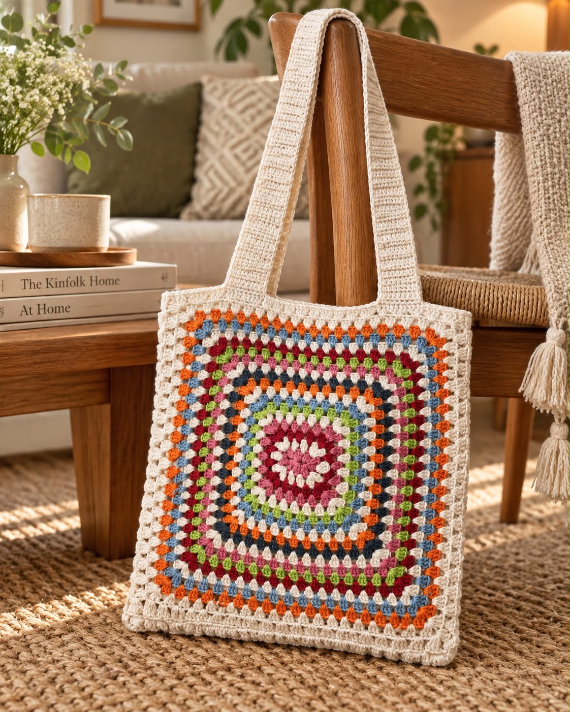 Granny Square Crochet Tote Bag on chair