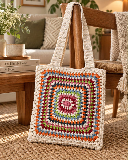 Granny Square Crochet Tote Bag on chair