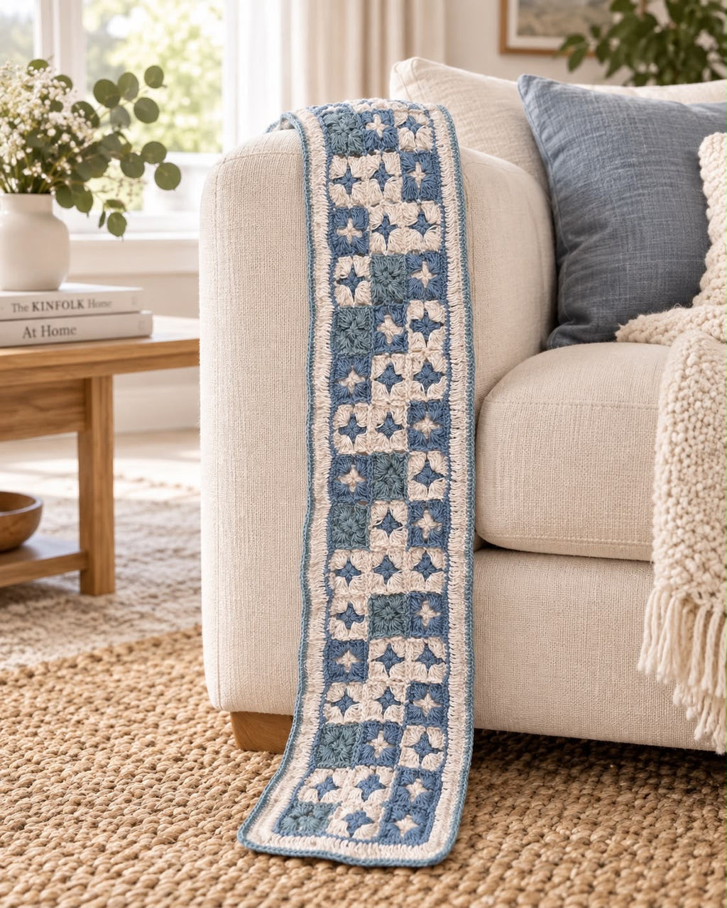Granny Square Crochet Scarf – Blue & Crea