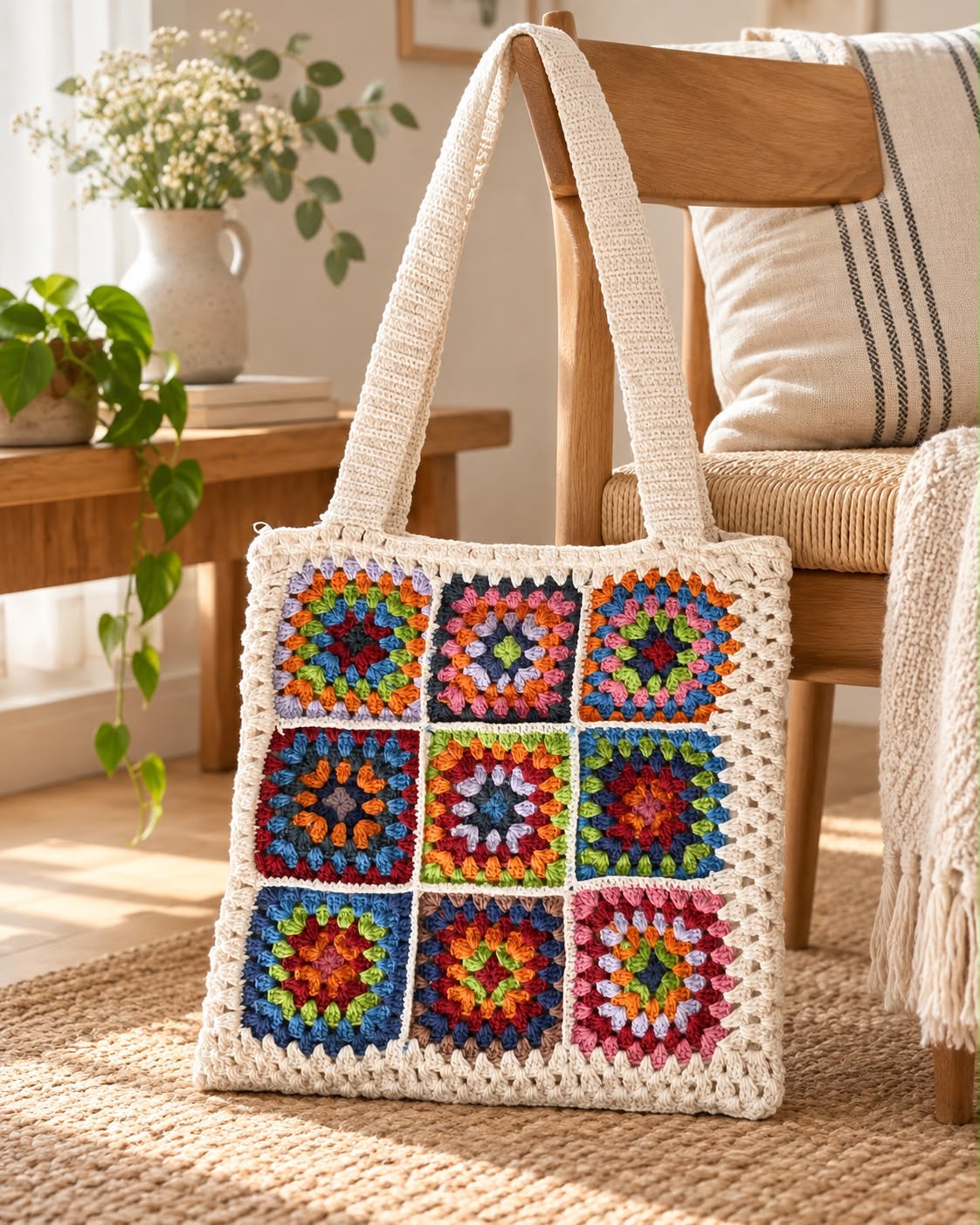 Nine-Square Granny Crochet Tote Bag