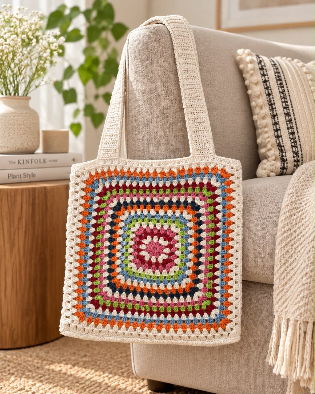 Granny Square Crochet Tote Bag against sofa