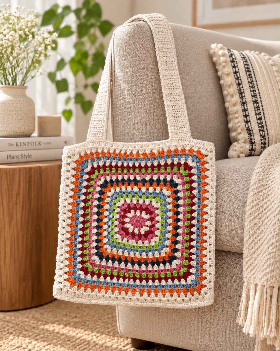 Granny Square Crochet Tote Bag against sofa