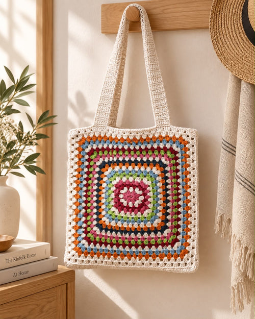 Granny Square Crochet Tote Bag flat lay