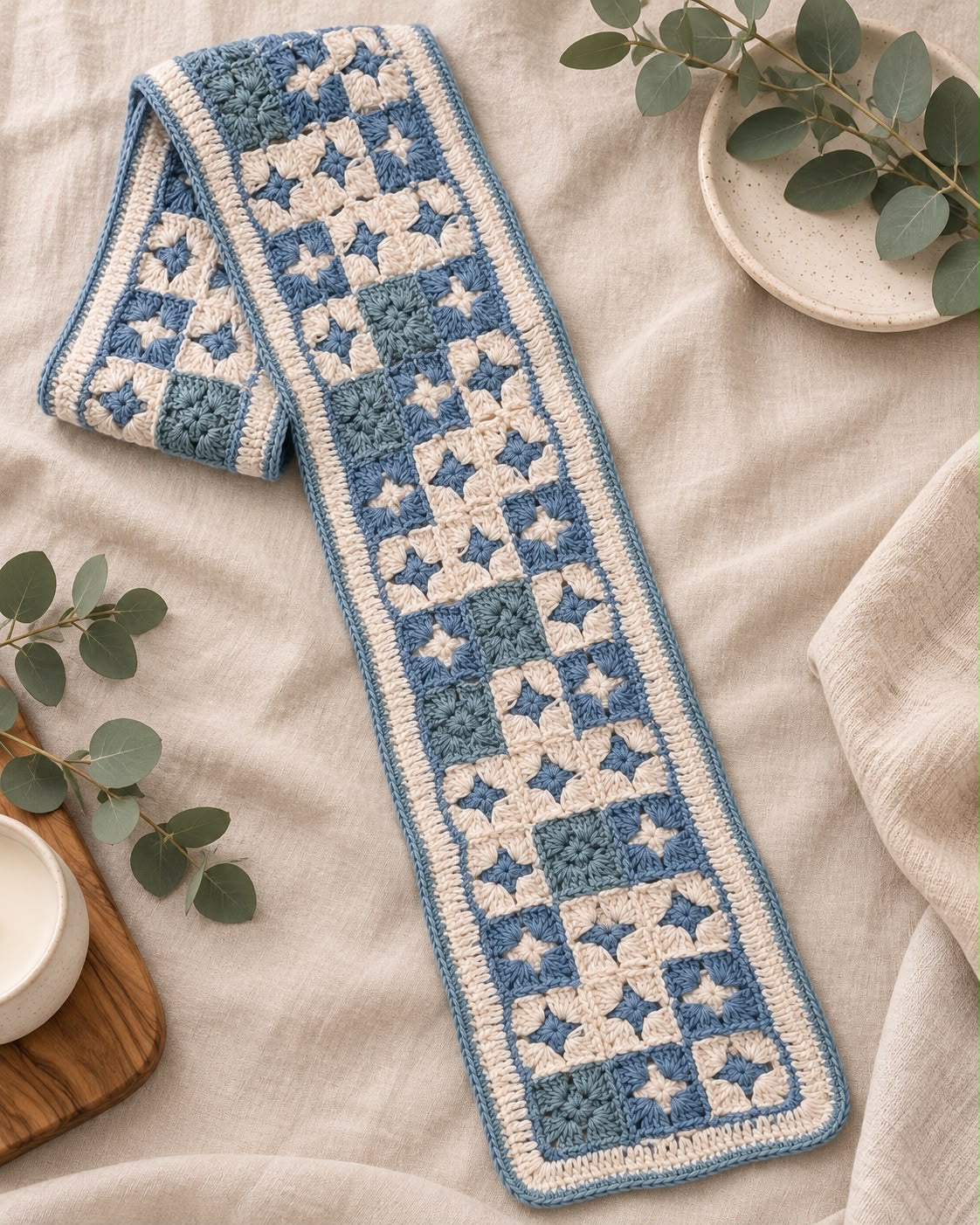 Granny Square Crochet Scarf – Blue & Crea