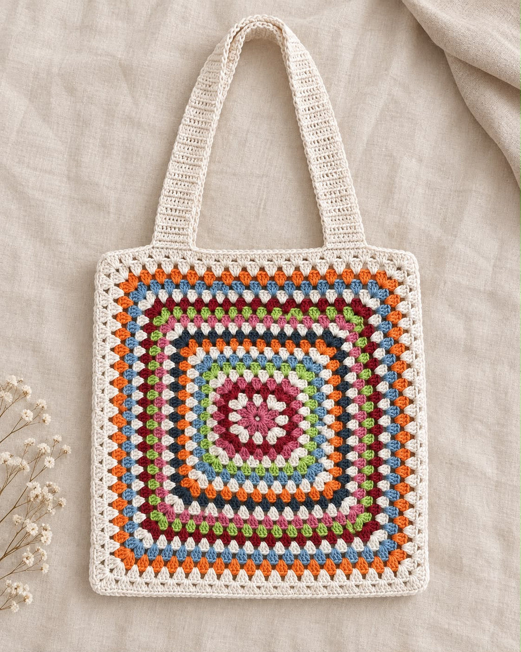 Granny Square Crochet Tote Bag hanging on wall hook