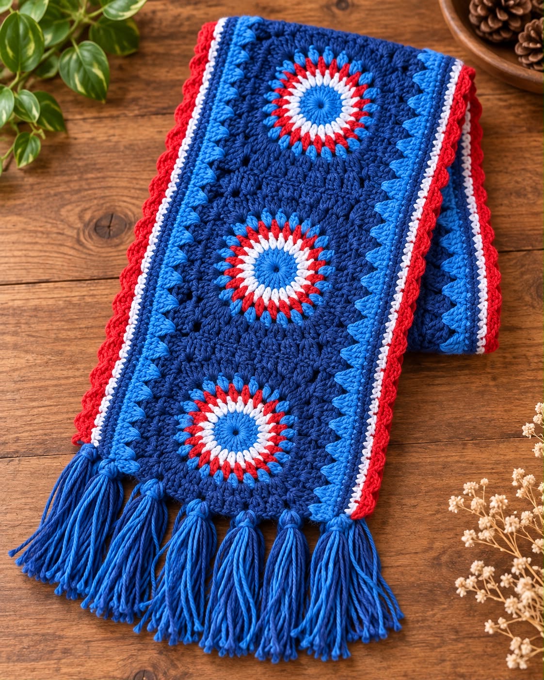 Sunburst Crochet Scarf – Red, White & Blue