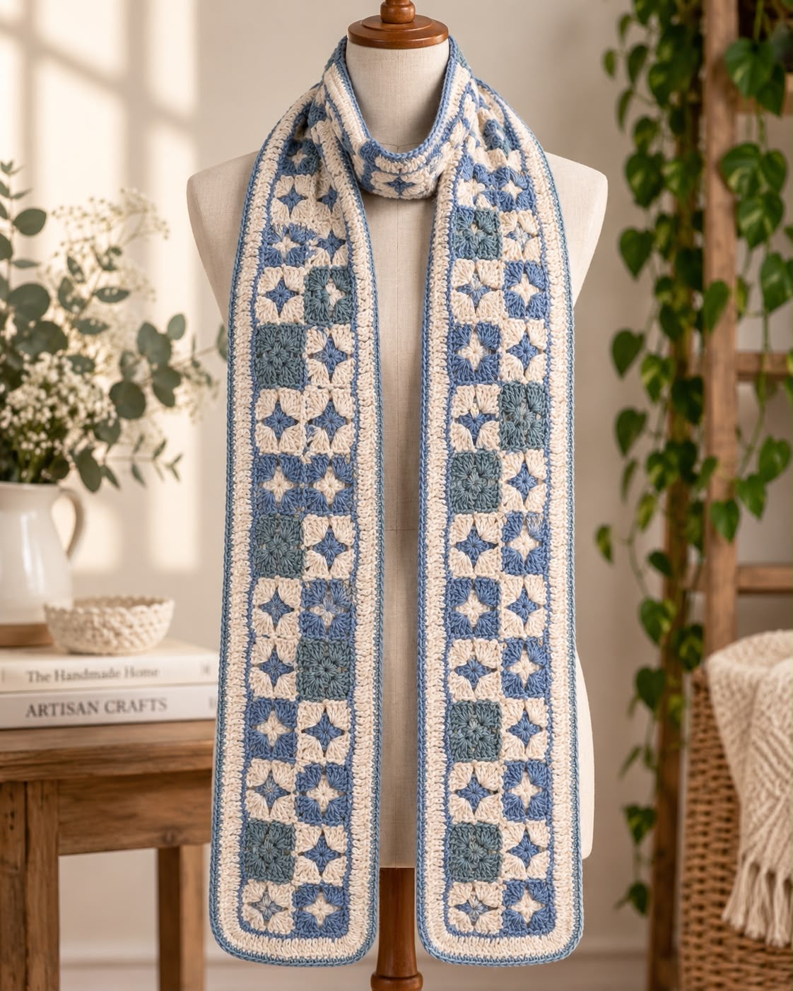 Granny Square Crochet Scarf – Blue & Crea