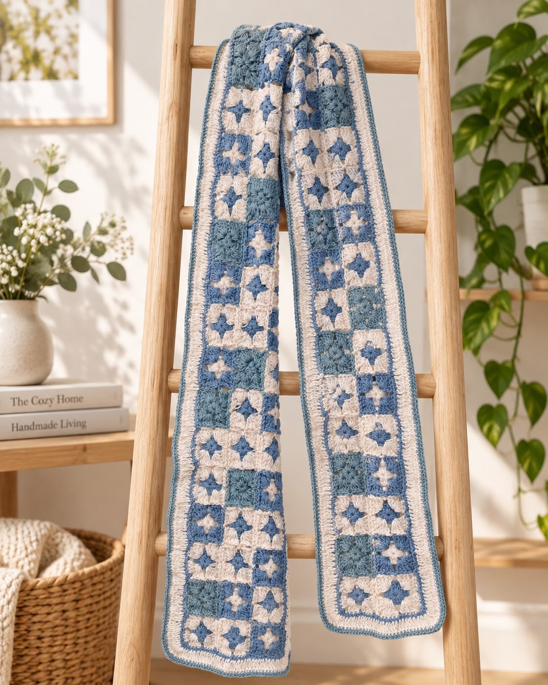 Granny Square Crochet Scarf – Blue & Crea