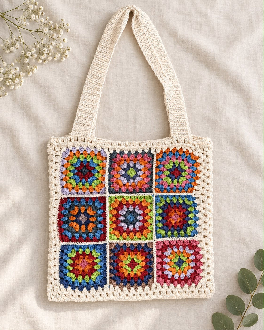 Nine-Square Granny Crochet Tote Bag