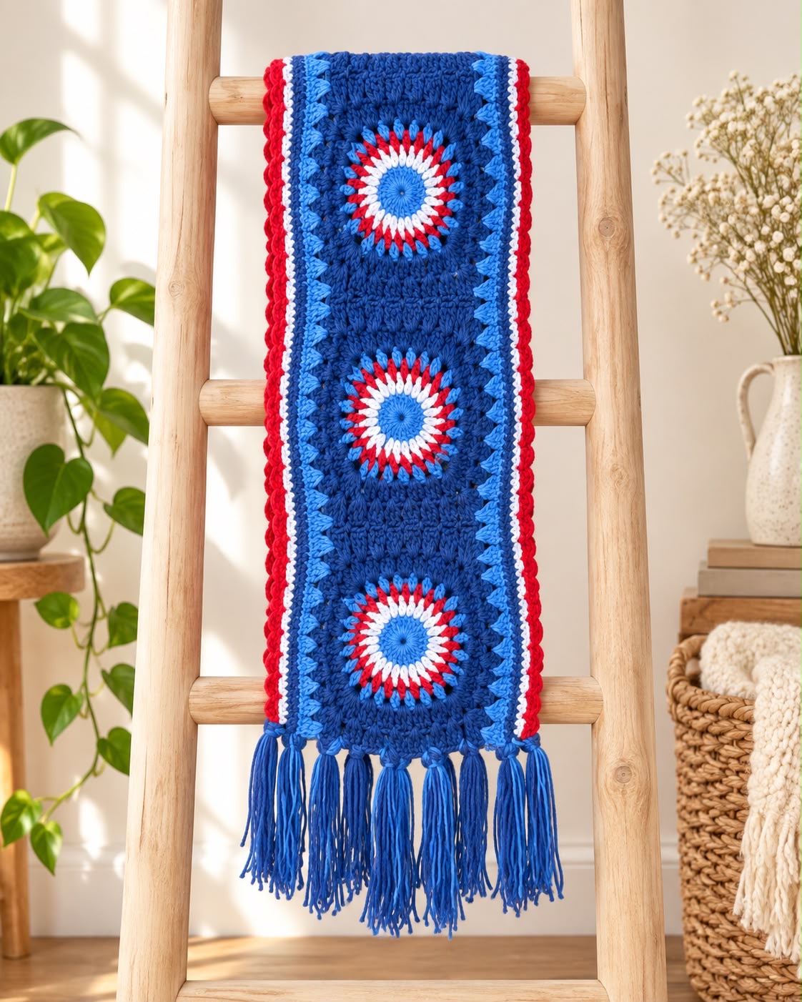 Sunburst Crochet Scarf – Red, White & Blue