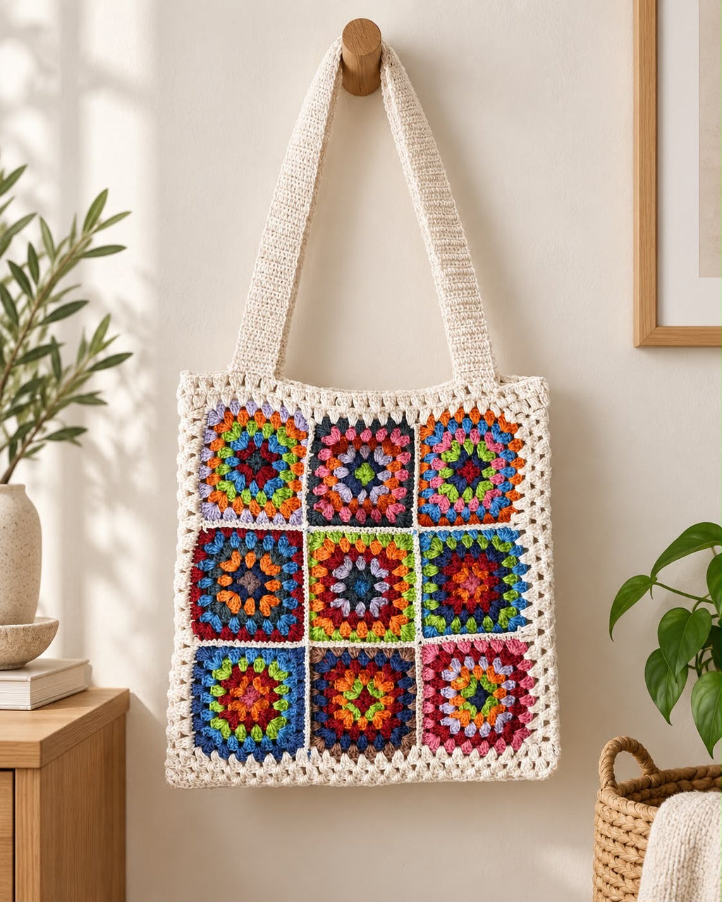 Nine-Square Granny Crochet Tote Bag